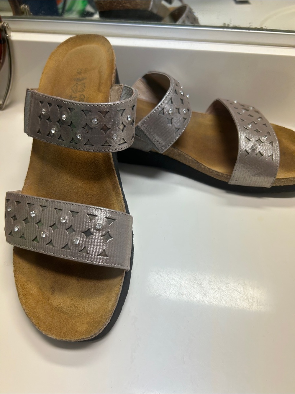 Naot Pinkish Taupe Double-Strap Slide Sandals with Stud Cutouts